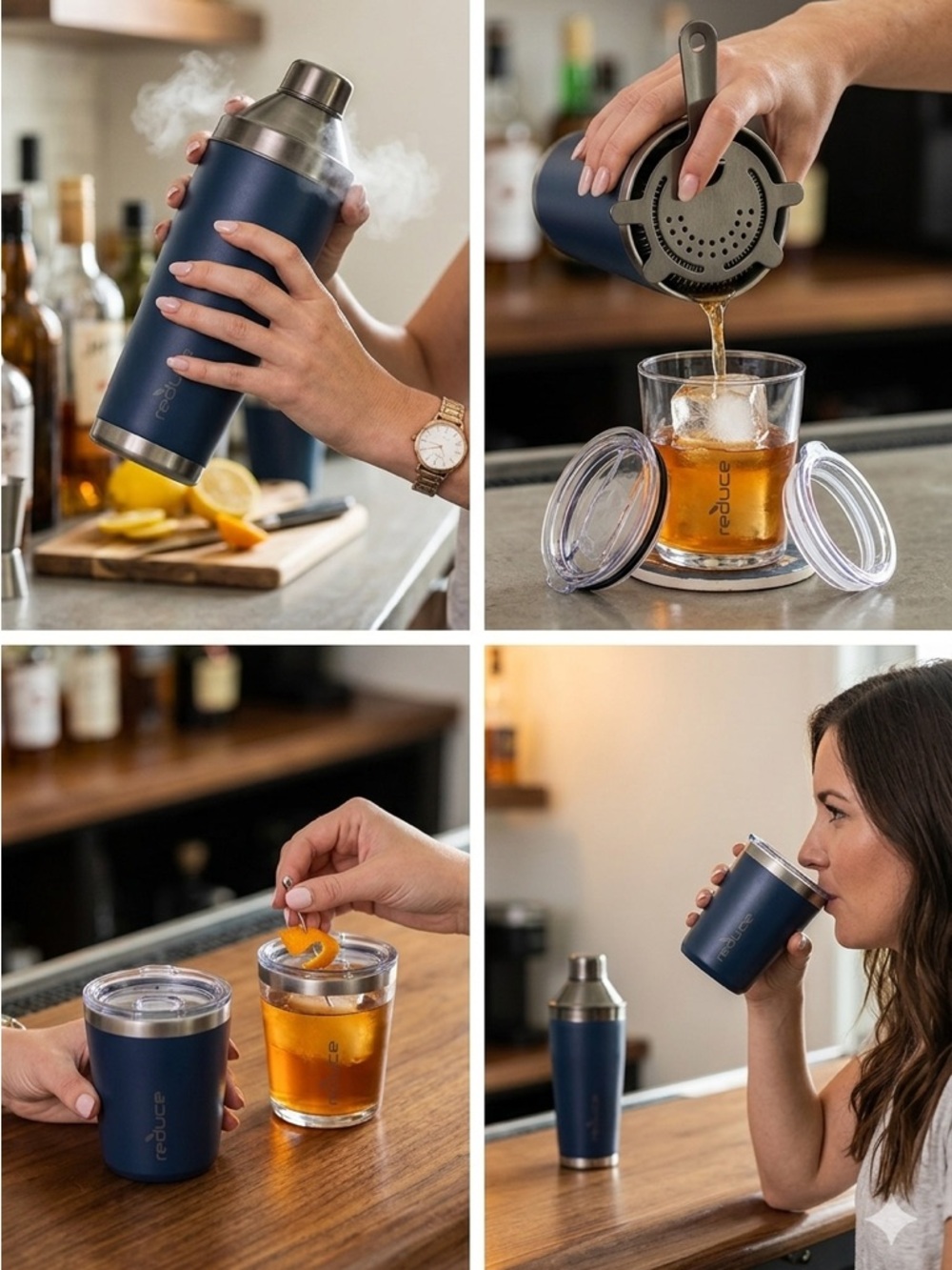 Reduce Cocktail Shaker Set 3-Piece Stainless Steel Insulated Bar Set w/ Tumblers